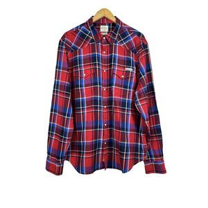 Lucky Brand Mens Medium Red Plaid Pearl Snap Button Front Western Shirt Size XL